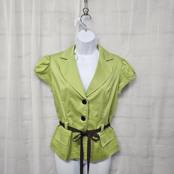 Studio 1 Green Brown Pinup Blouse Retro Button Belted 8 - Picture 2 of 13